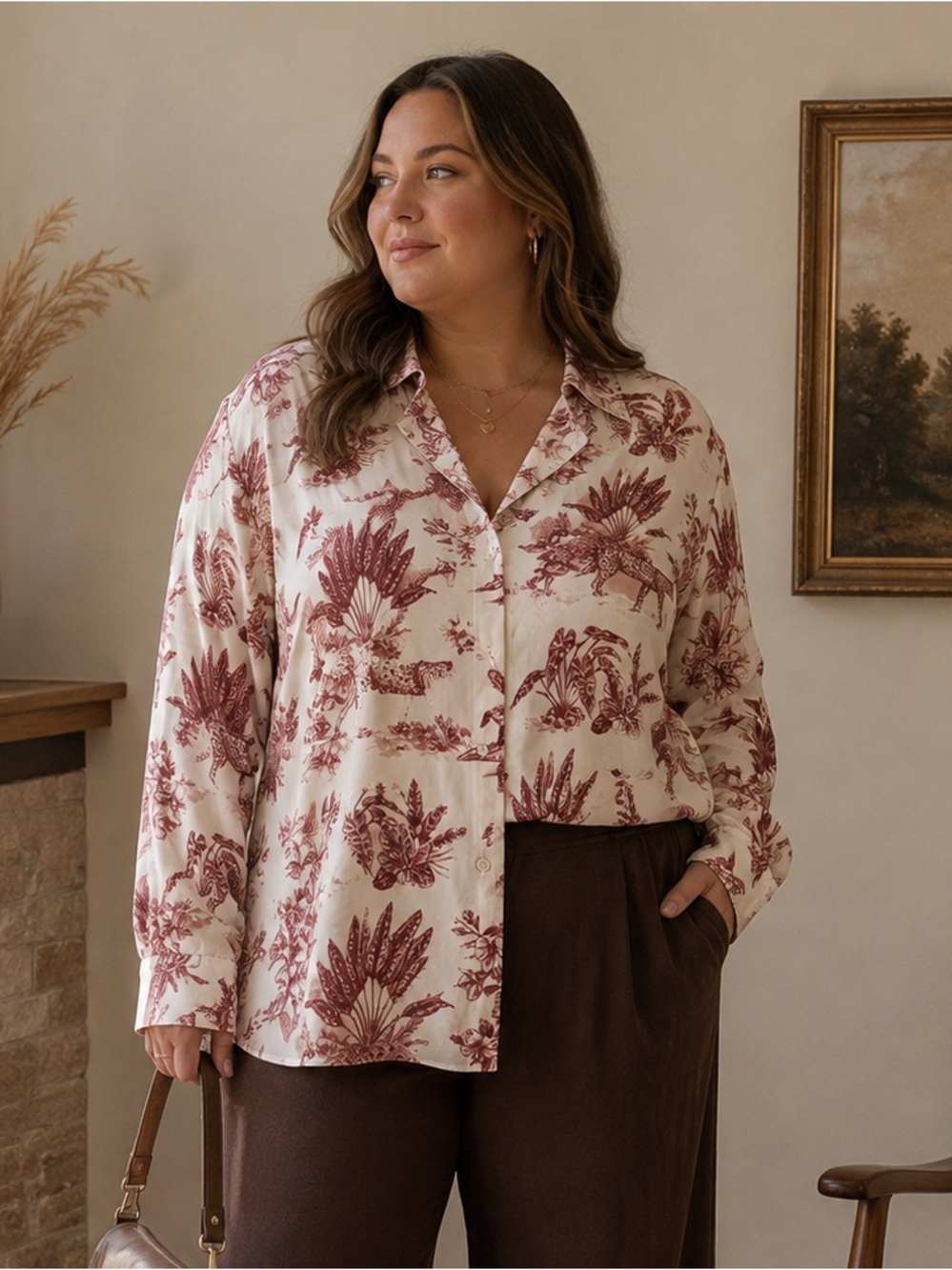 Rachel Zoe 1X Leopard Toile Button Down Blouse Burgundy Cream Resort Shirt Flowy